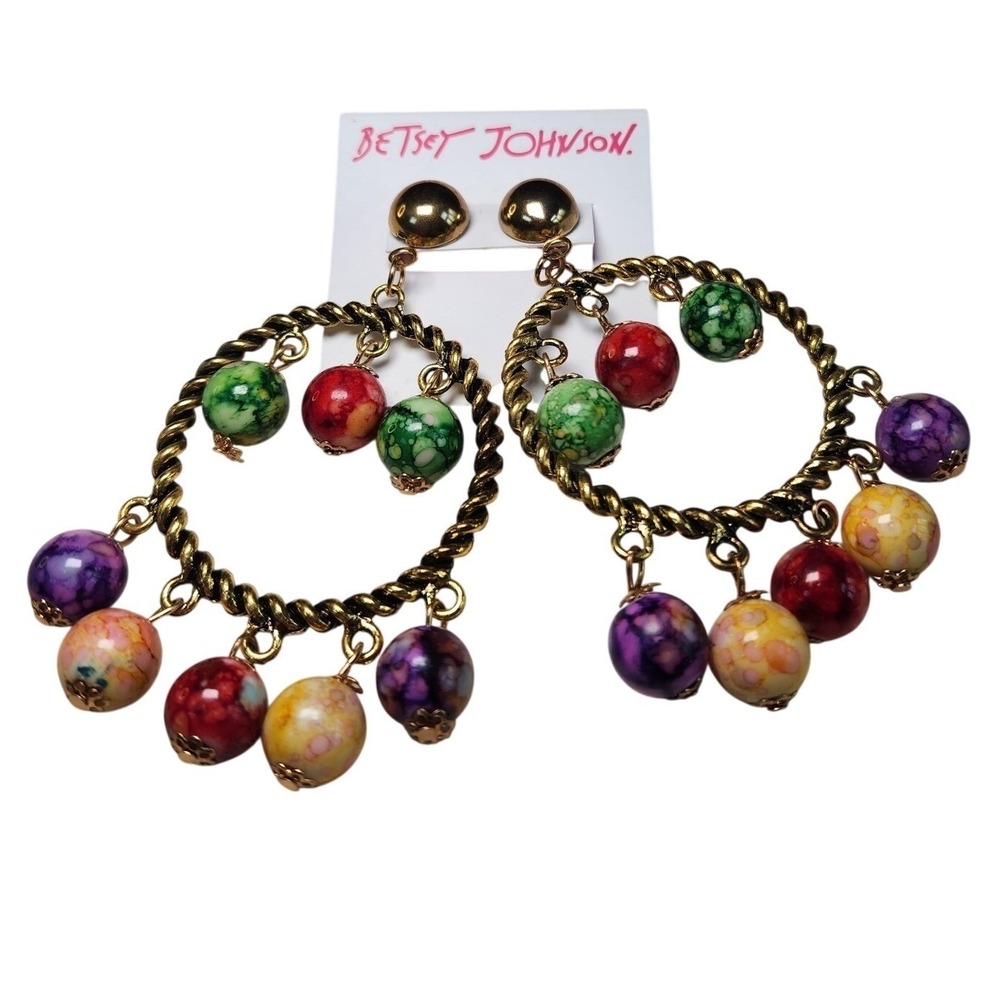 BETSEY JOHNSON Hoop Dangle Earrings Colorful Beaded Large Boho NEW